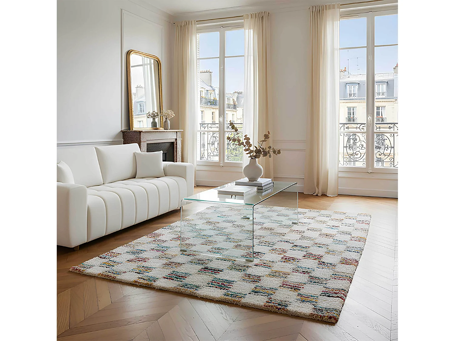 Tapis rectangulaire à poils longs motif carré multicolore 160 x 230 cm