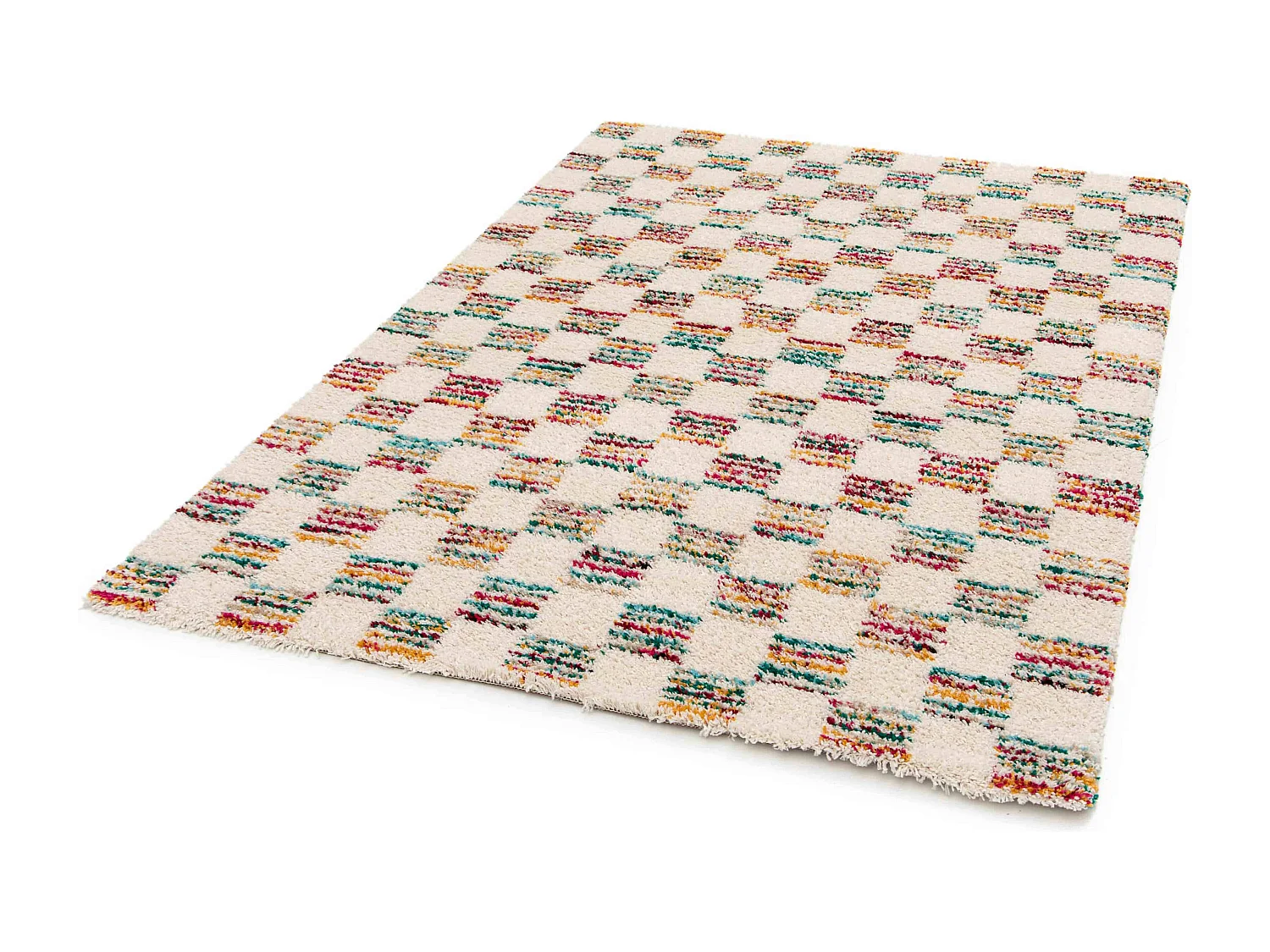 Tapis rectangulaire à poils longs motif carré multicolore 160 x 230 cm
