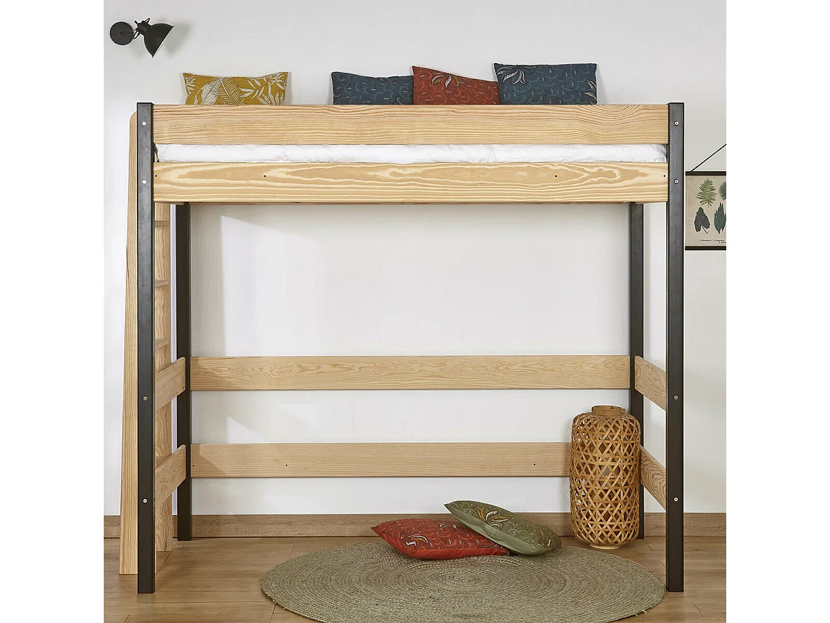 Pack lit mezzanine avec matelas 90x190 cm bois massif blanc et bois TINO