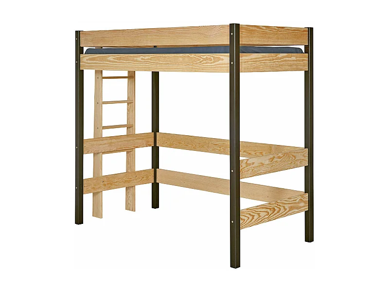 Pack lit mezzanine avec matelas 90x190 cm bois massif noir et bois TINO