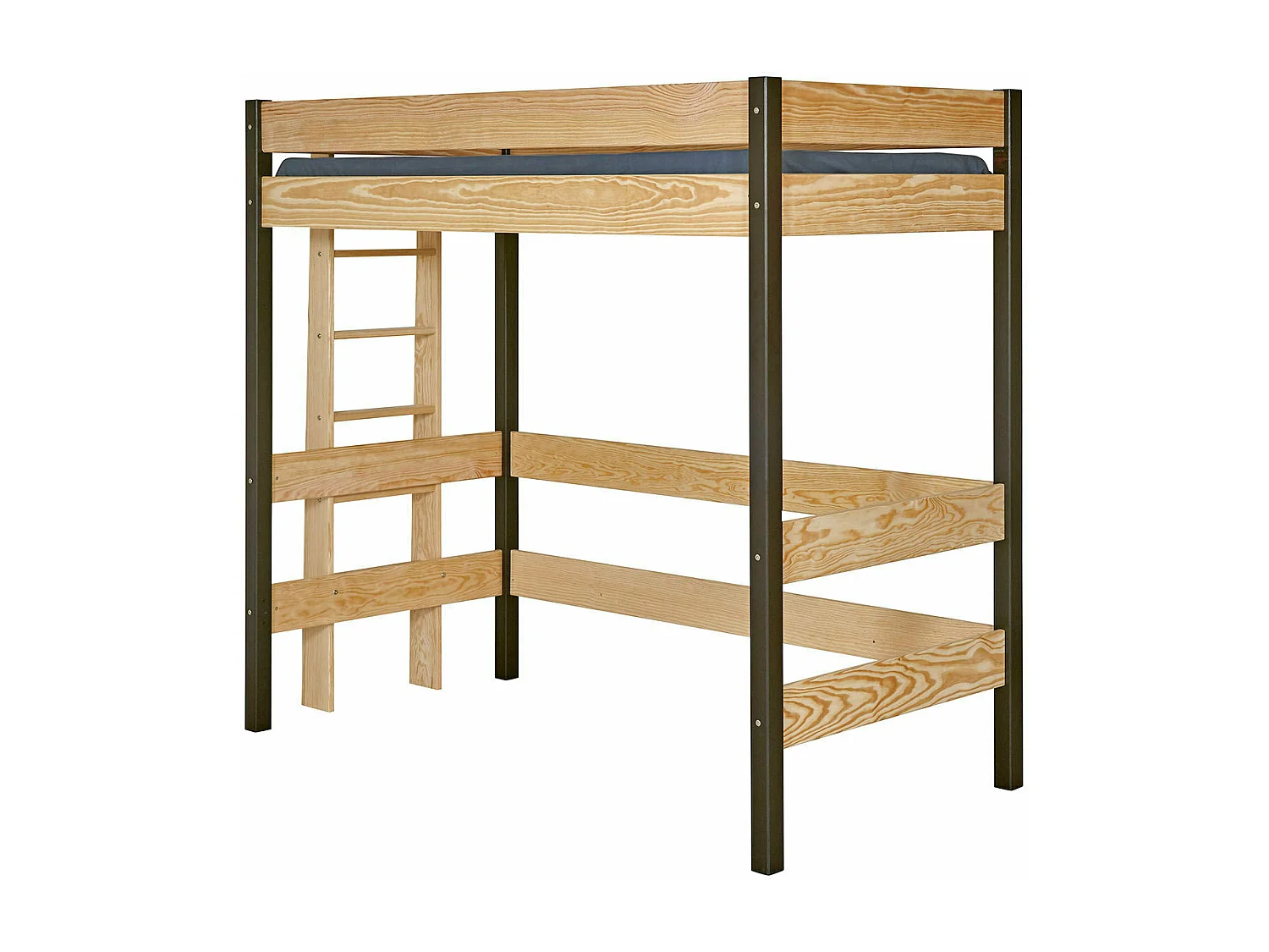 Pack lit mezzanine avec matelas 90x190 cm bois massif noir et bois TINO