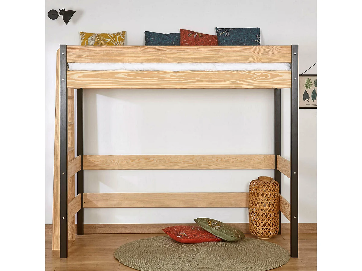 Pack lit mezzanine avec matelas 90x190 cm bois massif noir et bois TINO