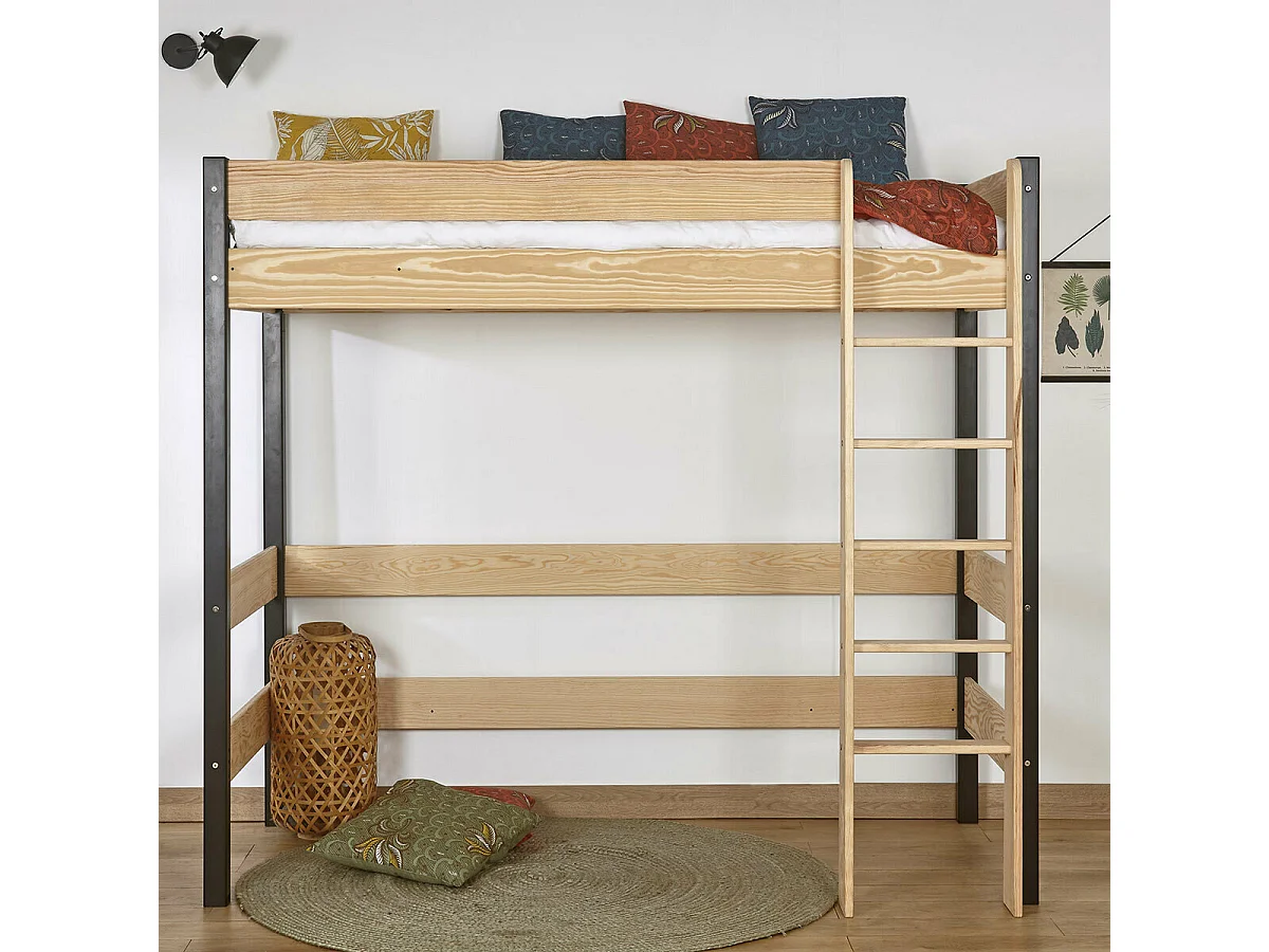 Lit mezzanine 90x190 cm bois massif noir et bois CLEM