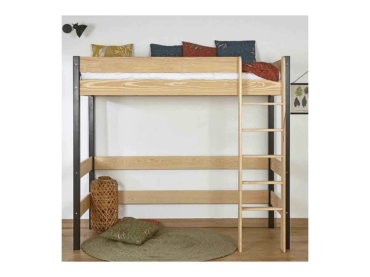 Pack lit mezzanine avec matelas 90x190 cm bois massif noir et bois CLEM