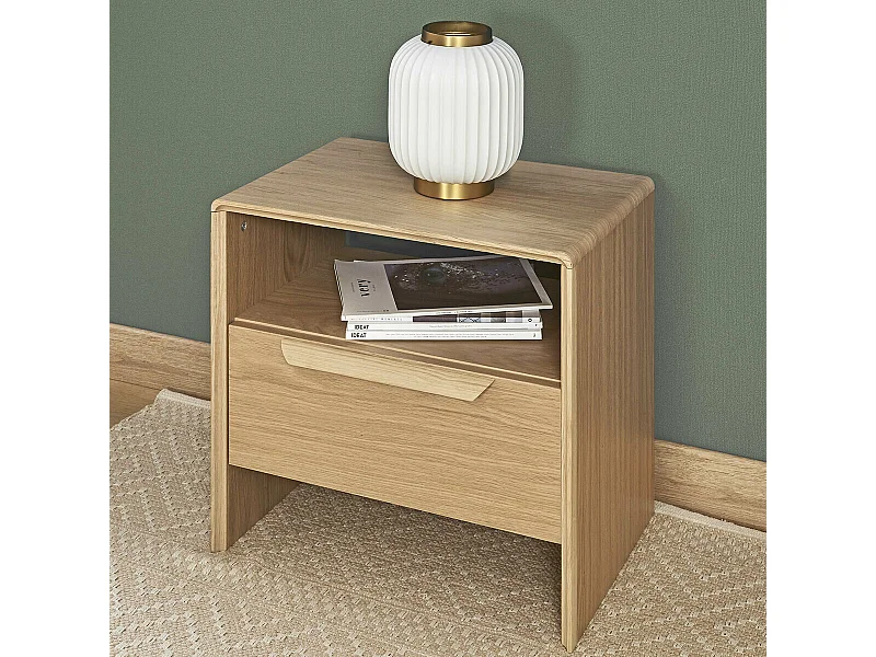 Chevet avec tiroir  panneaux de fibres plaqué chêne massif et piètement en chêne massif bois BRAZZA