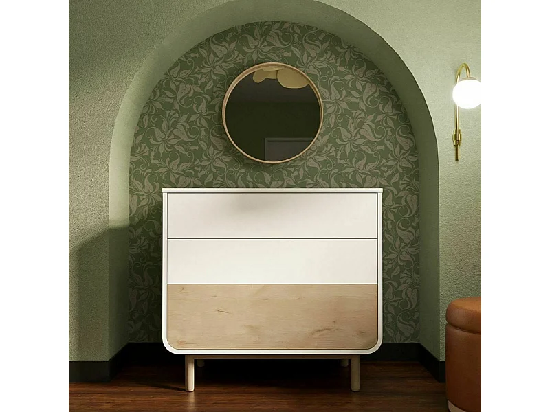 Commode 3 tiroirs  panneaux de fibres blanc et bois SASHA