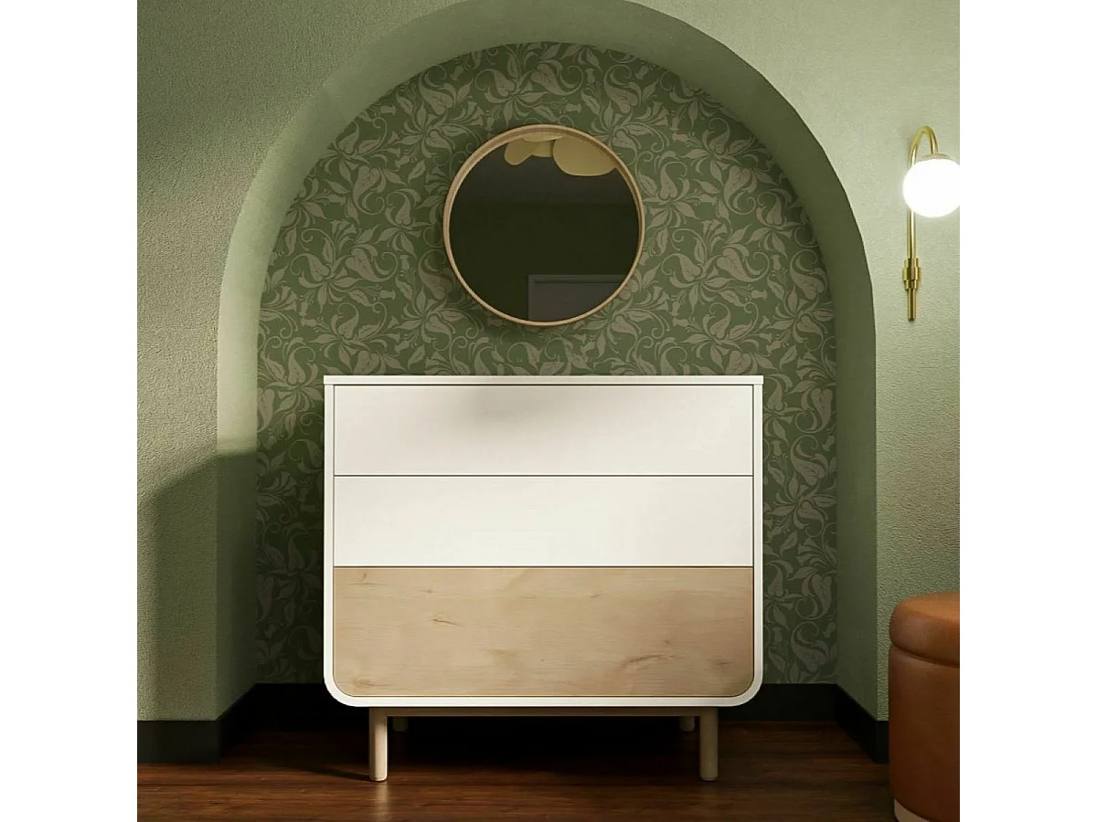 Commode 3 tiroirs  panneaux de fibres blanc et bois SASHA