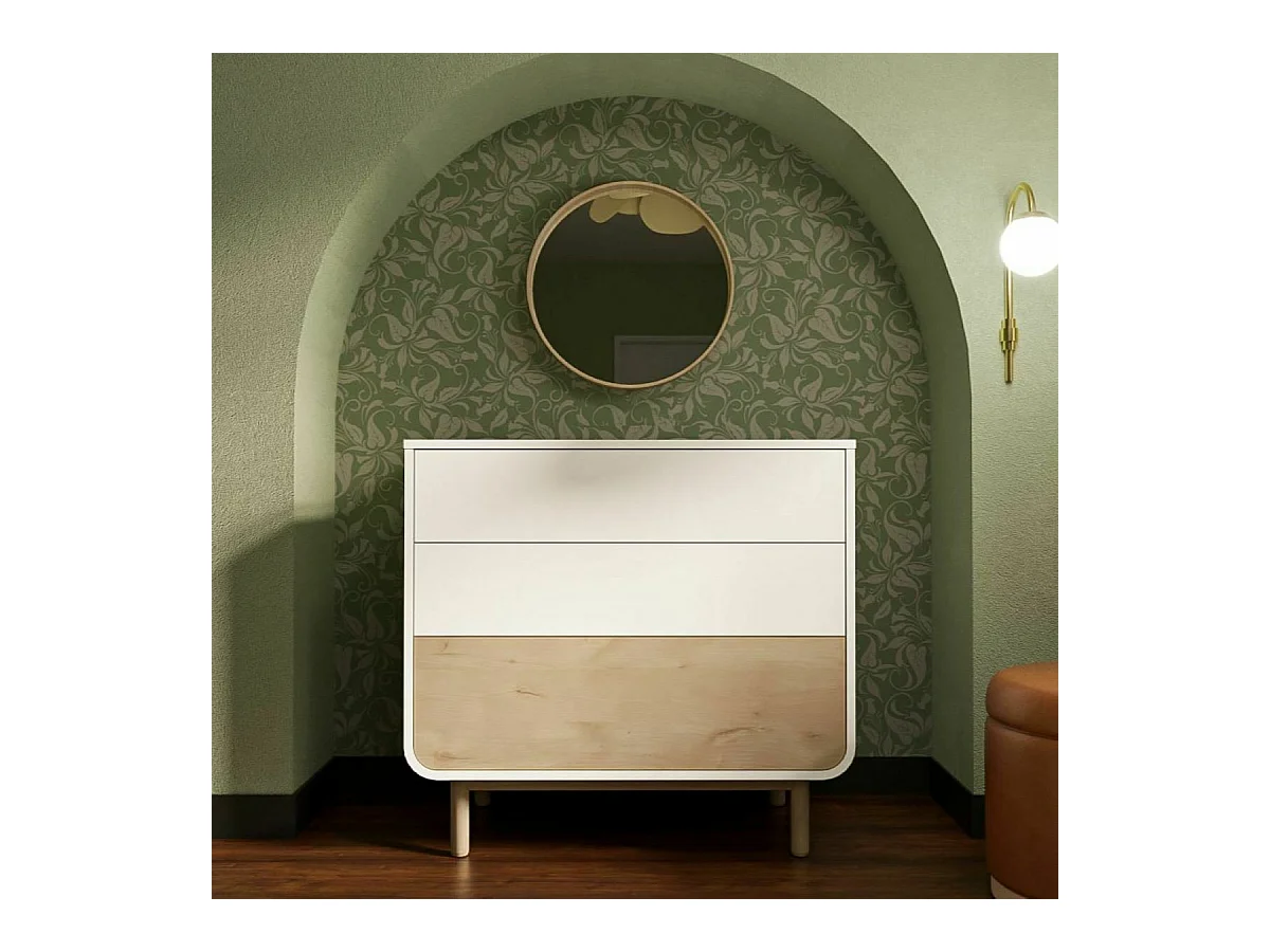 Commode 3 tiroirs  panneaux de fibres blanc et bois SASHA