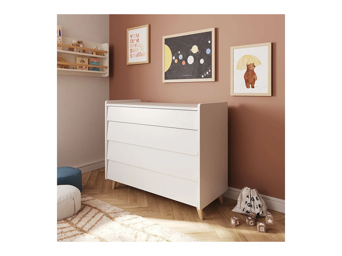 Commode 4 tiroirs  bois massif blanc et bois PETER