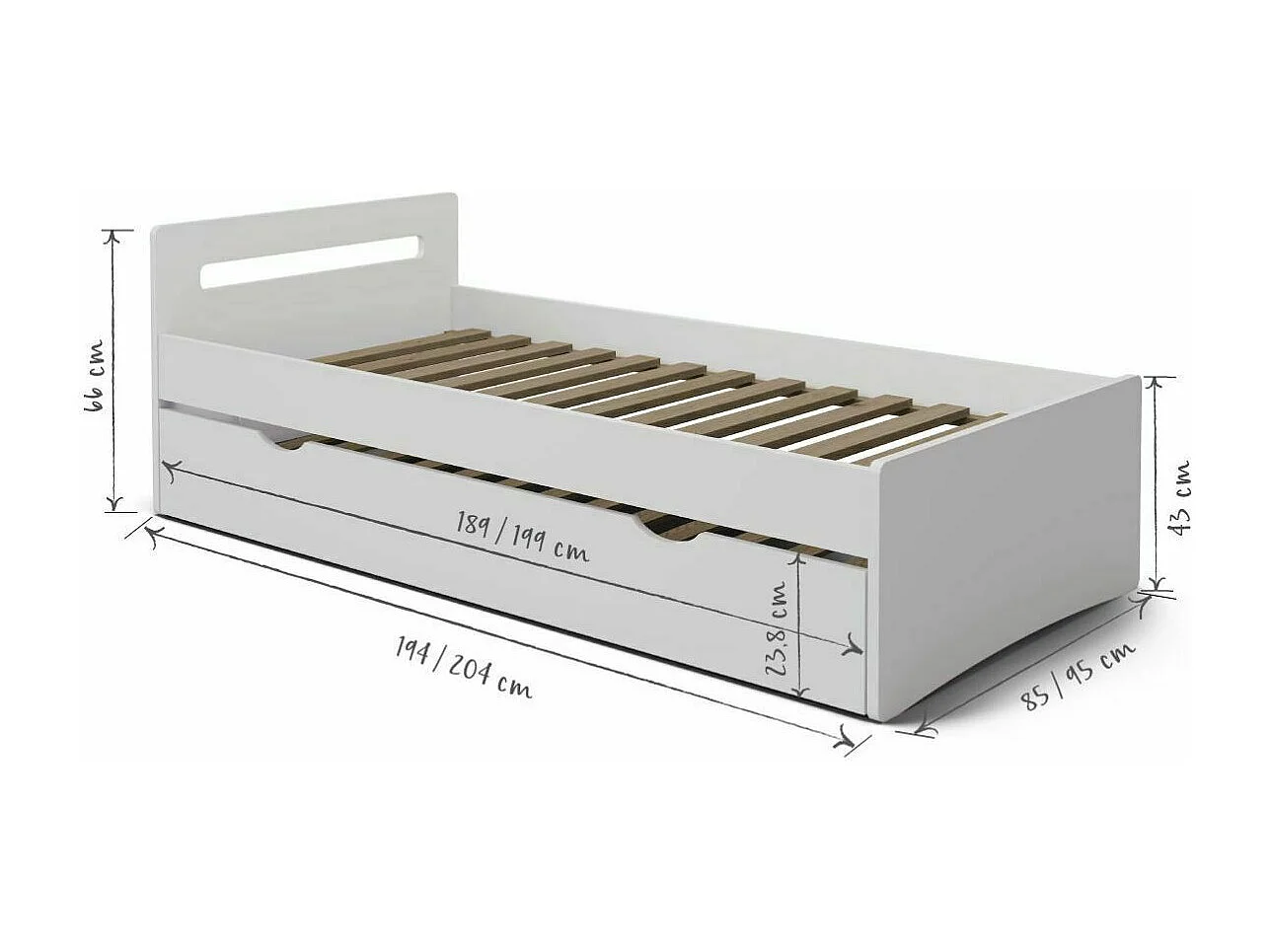 Lit gigogne 80x190 cm bois massif blanc LEO