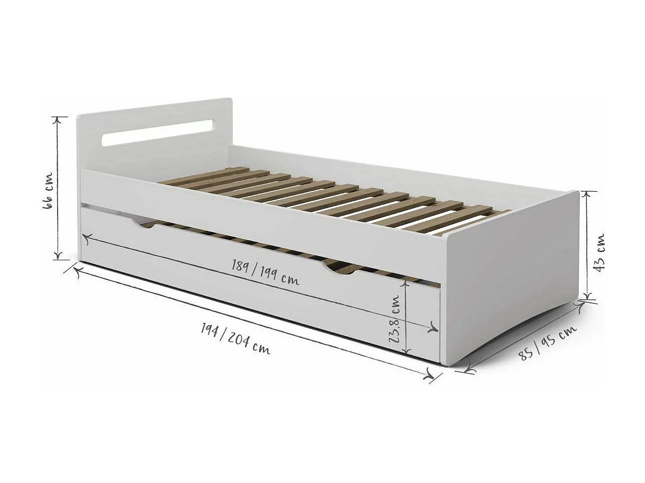 Lit gigogne 90x200 cm bois massif blanc LEO