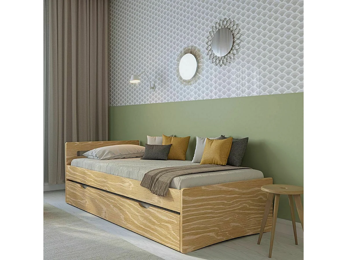 Pack lit gigogne avec matelas 80x200 cm bois massif bois LEO