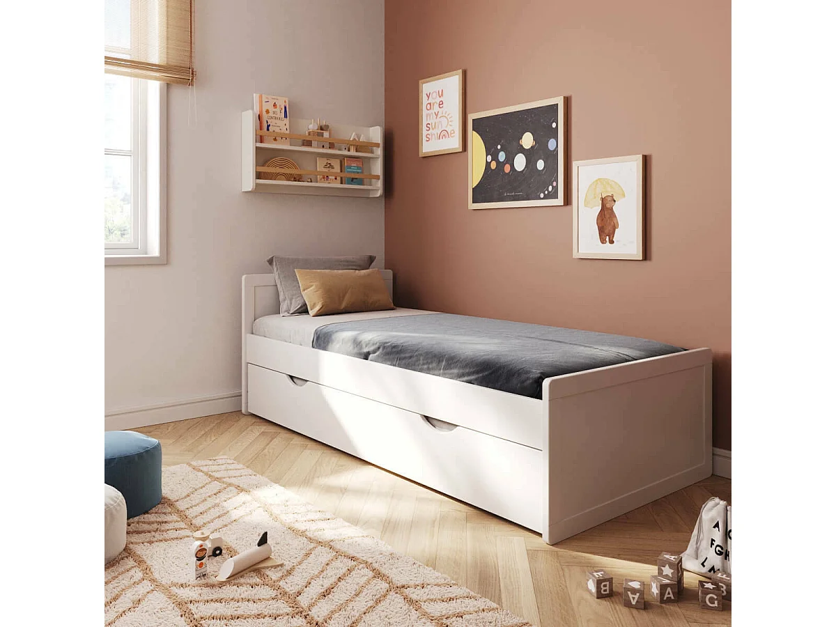 Pack lit enfant gigogne avec matelas 90x190 cm bois massif blanc PETER