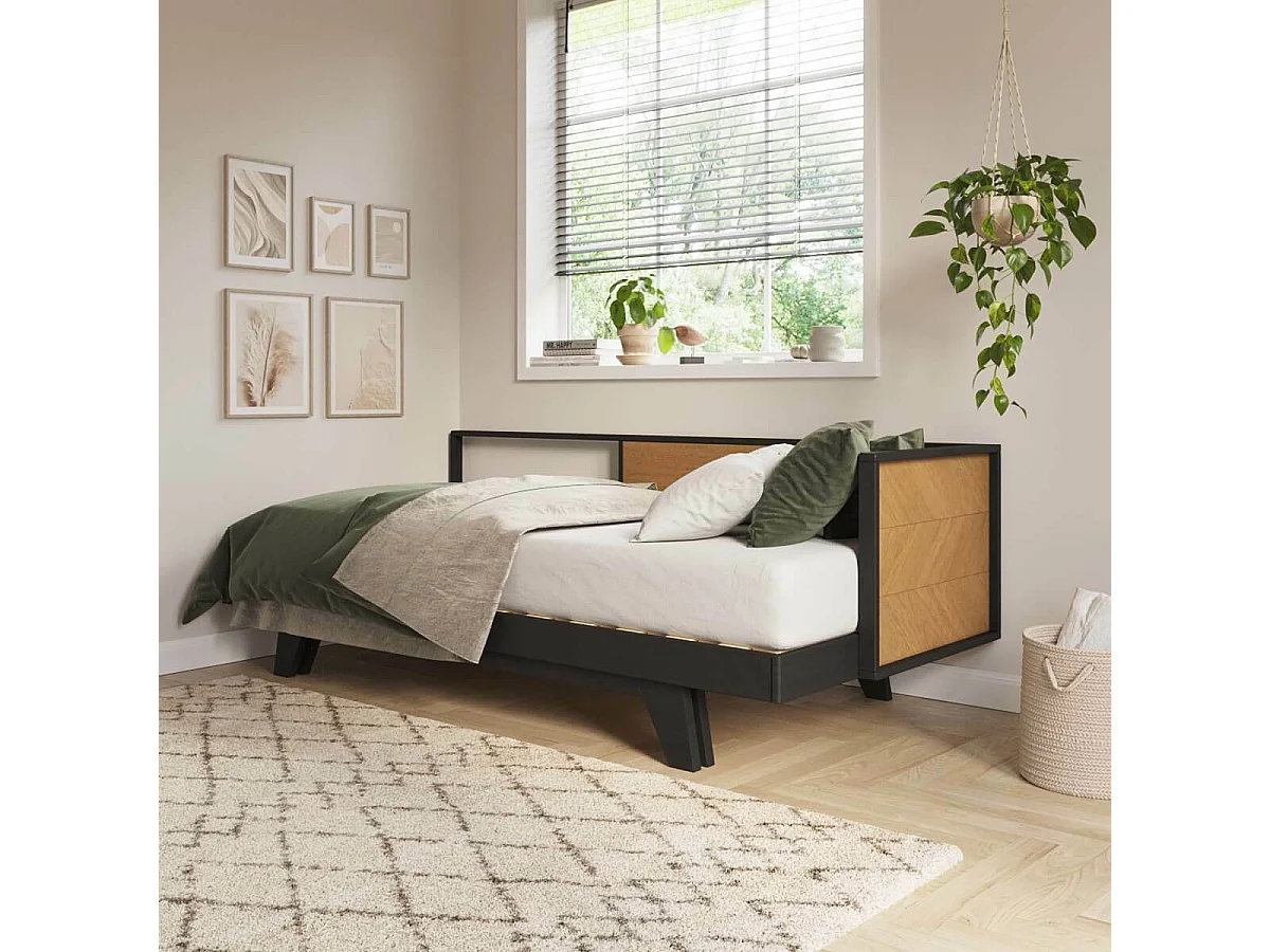 Lit méridienne gigogne 80x200 cm bois massif noir et noisette CLARK