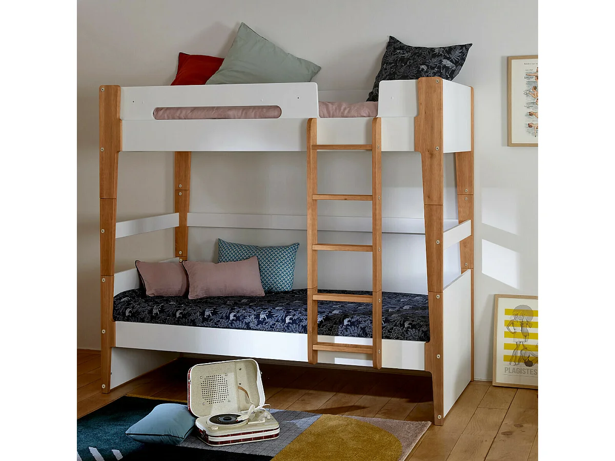 Pack lit superposé avec matelas 90x190 cm bois massif blanc et bois ROMY