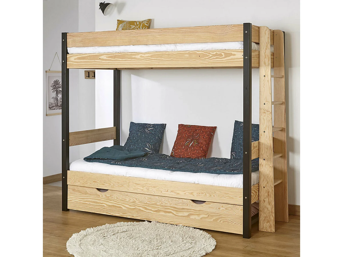 Lit superposé gigogne 90x190 cm bois massif blanc et bois TINO