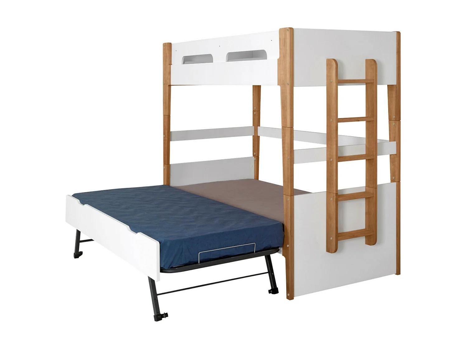 Pack lit superposé gigogne avec 3 matelas 90x190 cm bois massif blanc et bois ROMY