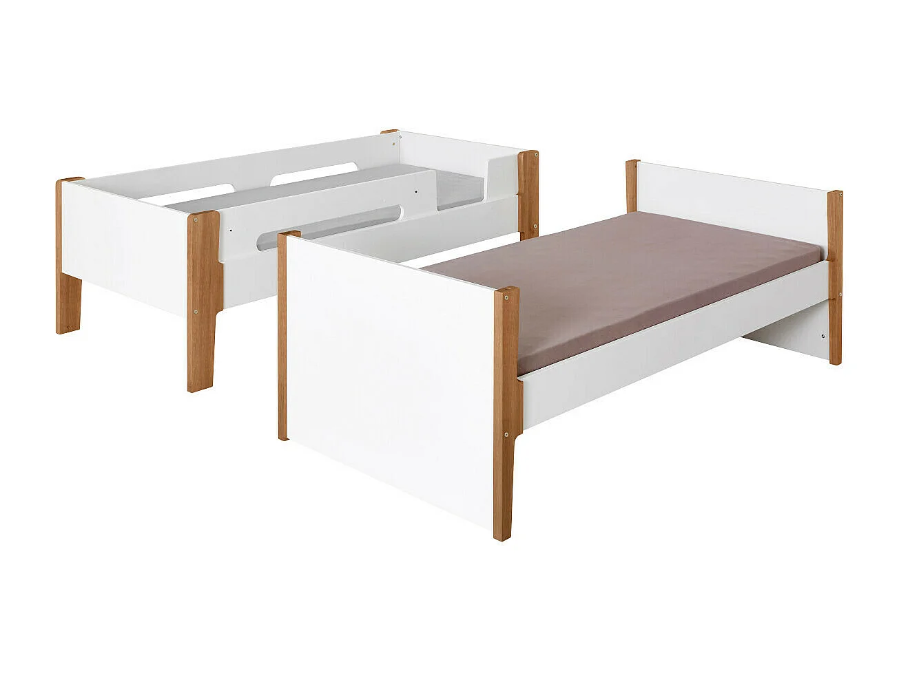 Pack lit superposé gigogne avec 3 matelas 90x190 cm bois massif blanc et bois ROMY