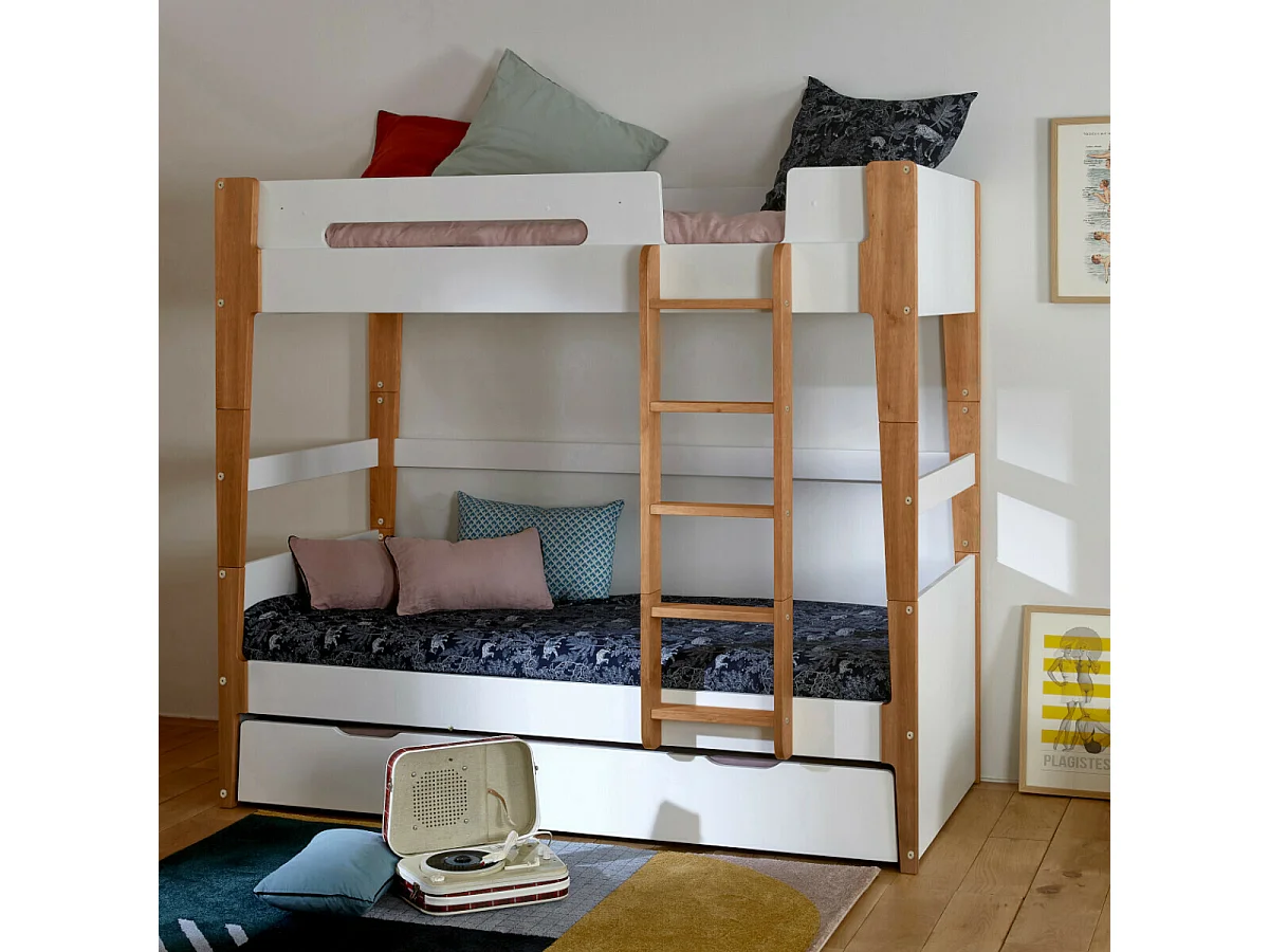 Pack lit superposé gigogne avec 3 matelas 90x190 cm bois massif blanc et bois ROMY