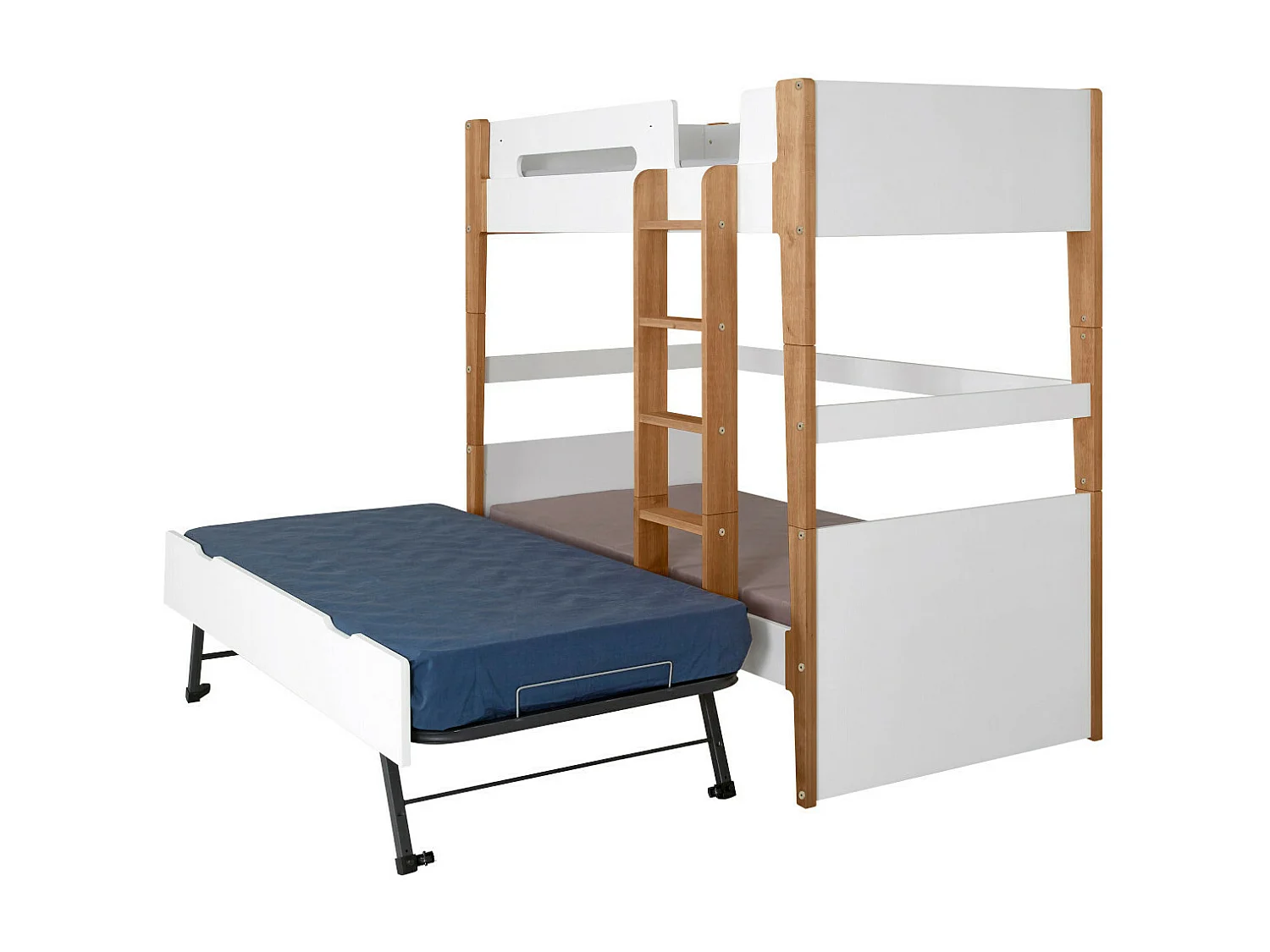 Lit superposé modulable gigogne 90x190 cm bois massif blanc et bois ROMY