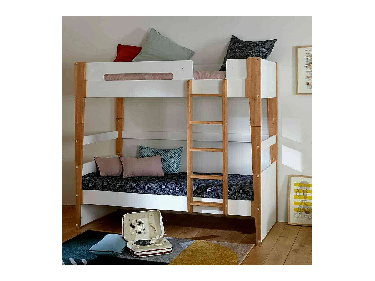 Lit superposé modulable 90x190 cm bois massif blanc et bois ROMY