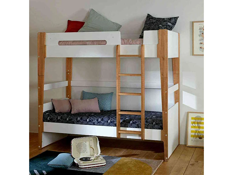 Lit superposé modulable 90x190 cm bois massif blanc et bois ROMY