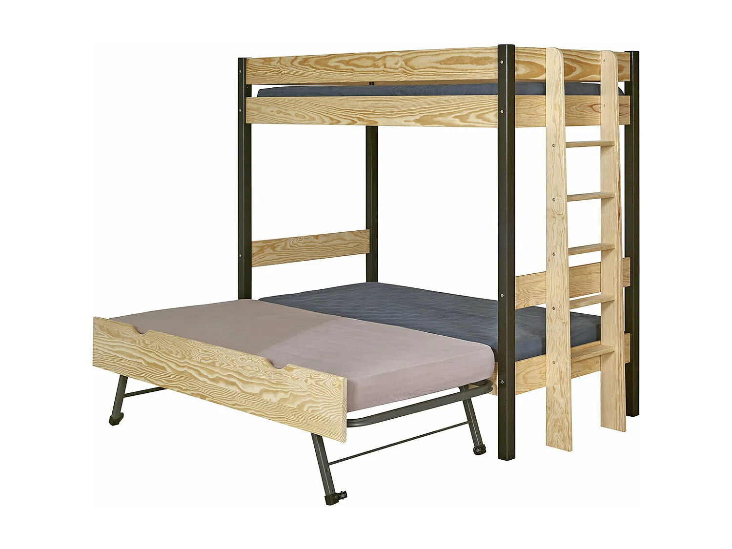 Lit superposé gigogne 90x190 cm bois massif noir et bois TINO