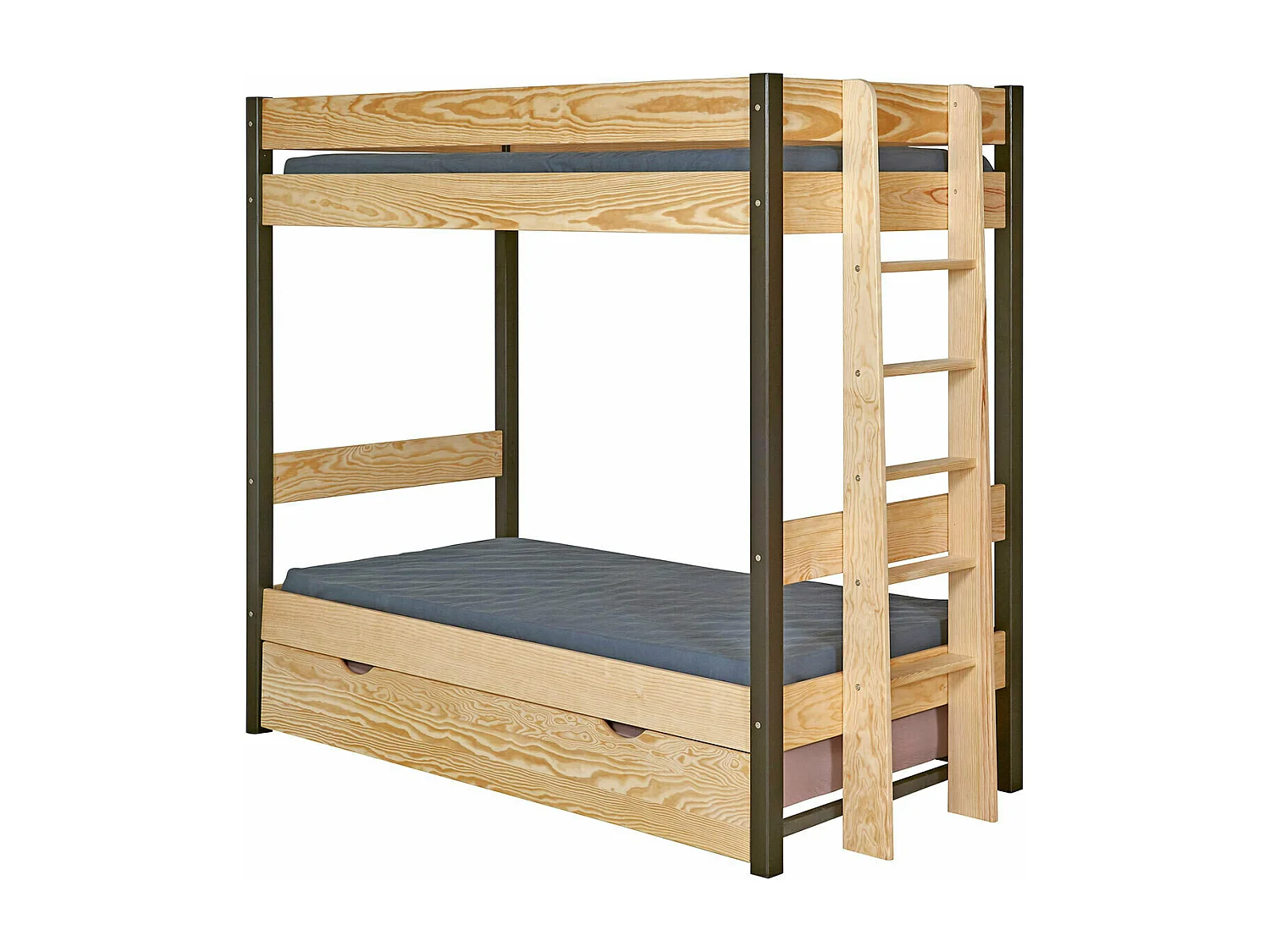 Lit superposé gigogne 90x190 cm bois massif noir et bois TINO