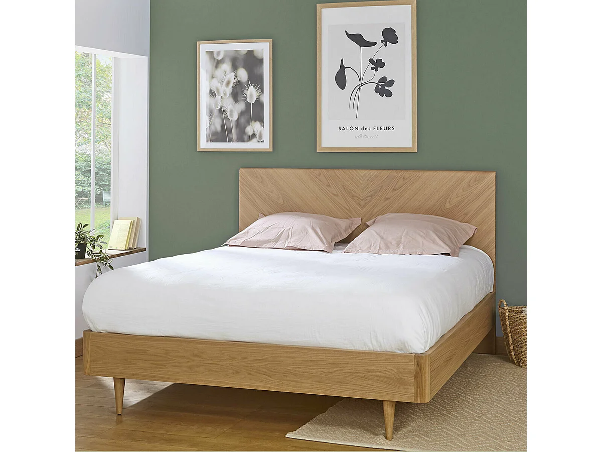 Pack lit 2 places avec matelas Lac 160x200 cm panneaux de fibres plaqué chêne massif chêne clair BRAZZA