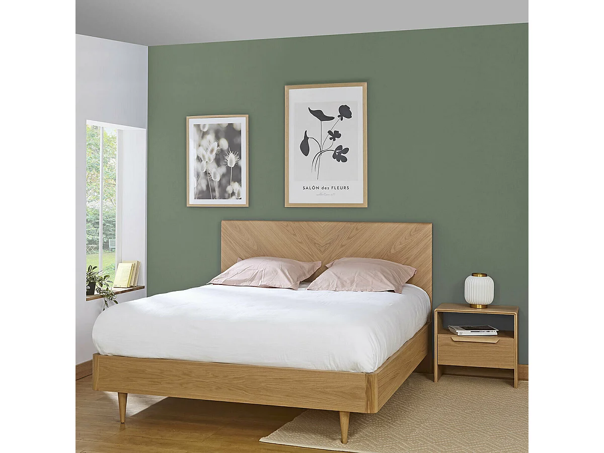 Pack lit 2 places avec matelas Lac 160x200 cm panneaux de fibres plaqué chêne massif chêne clair BRAZZA