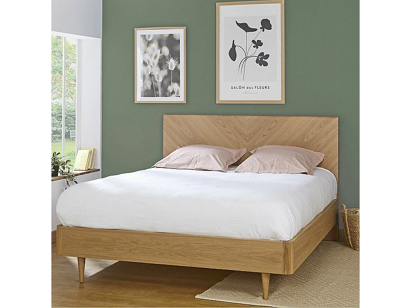 Lit 2 places 160x200 cm panneaux de fibres plaqués chêne massif chêne clair BRAZZA