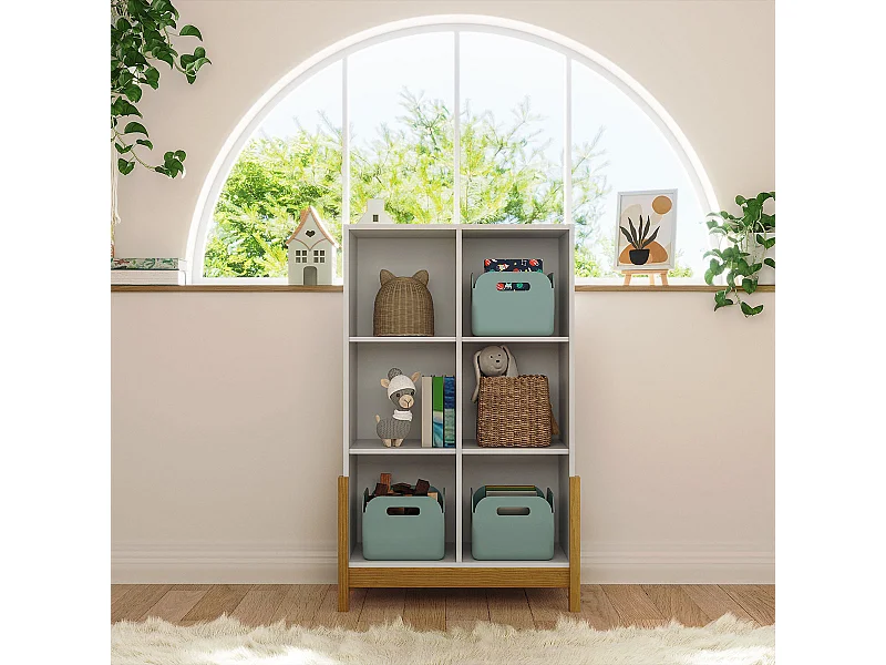 Étagère 6 cubes verticale  panneaux de fibres blanc et noisette KENAN