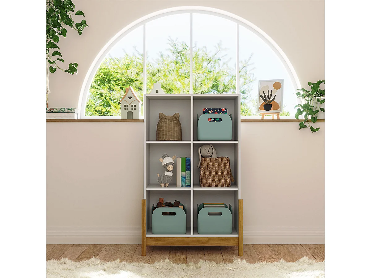 Étagère 6 cubes verticale  panneaux de fibres blanc et noisette KENAN