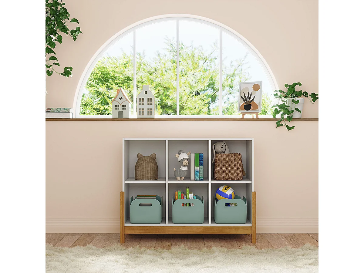 Étagère 6 cubes horizontale  panneaux de fibres blanc et noisette KENAN