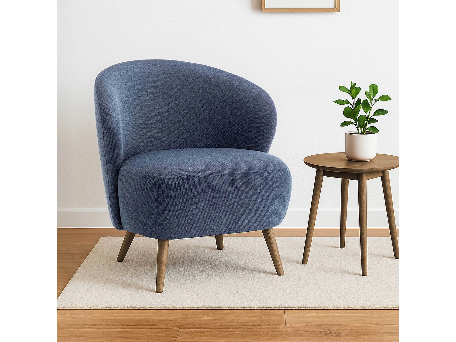 Relaxfauteuil in hout en donkerblauwe stof