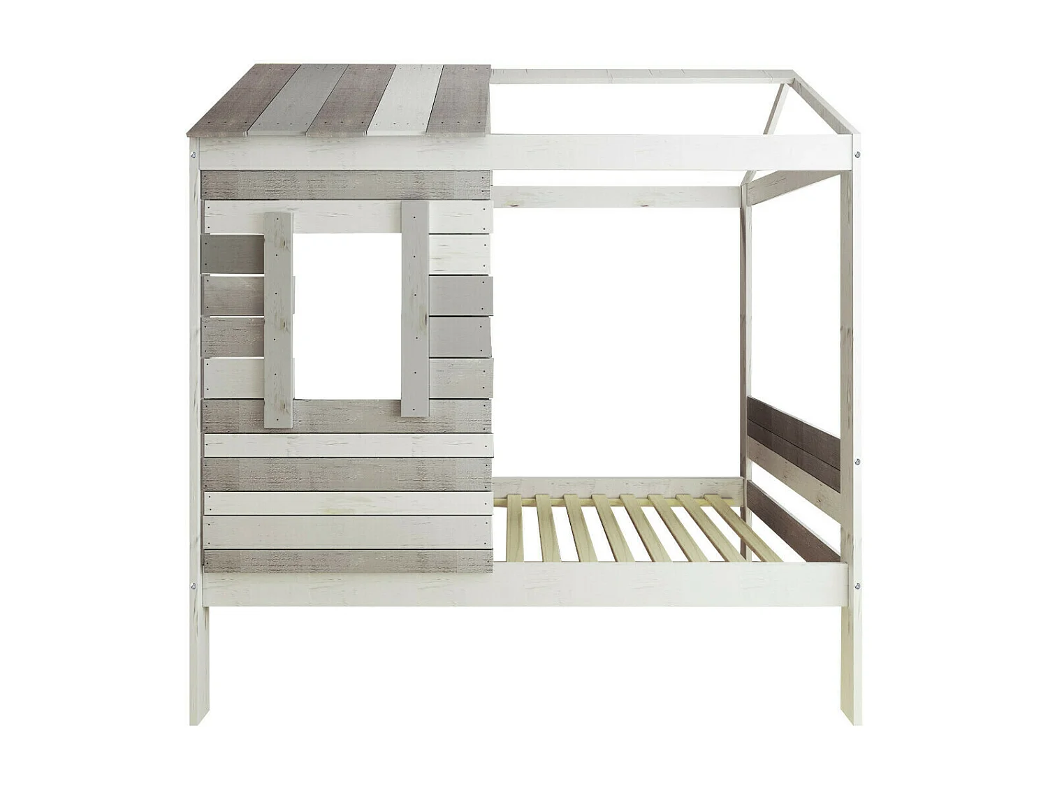 Pack lit cabane avec sommier et matelas 90x190 cm bois massif gris CHARLES