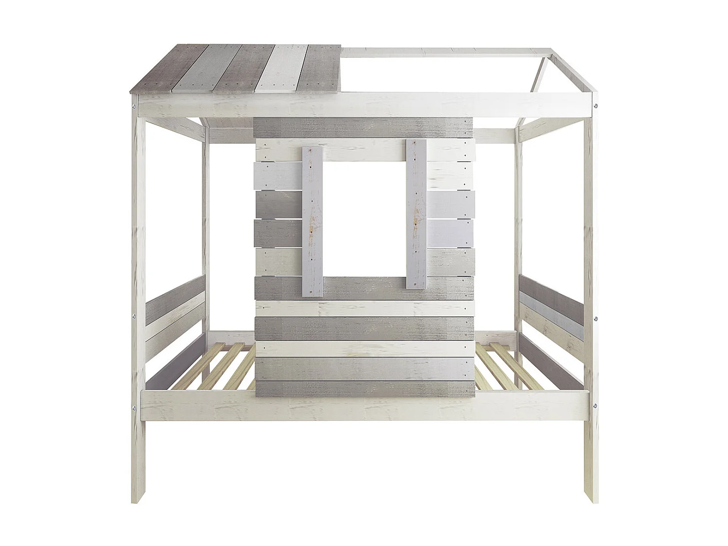 Pack lit cabane avec sommier et matelas 90x190 cm bois massif gris CHARLES