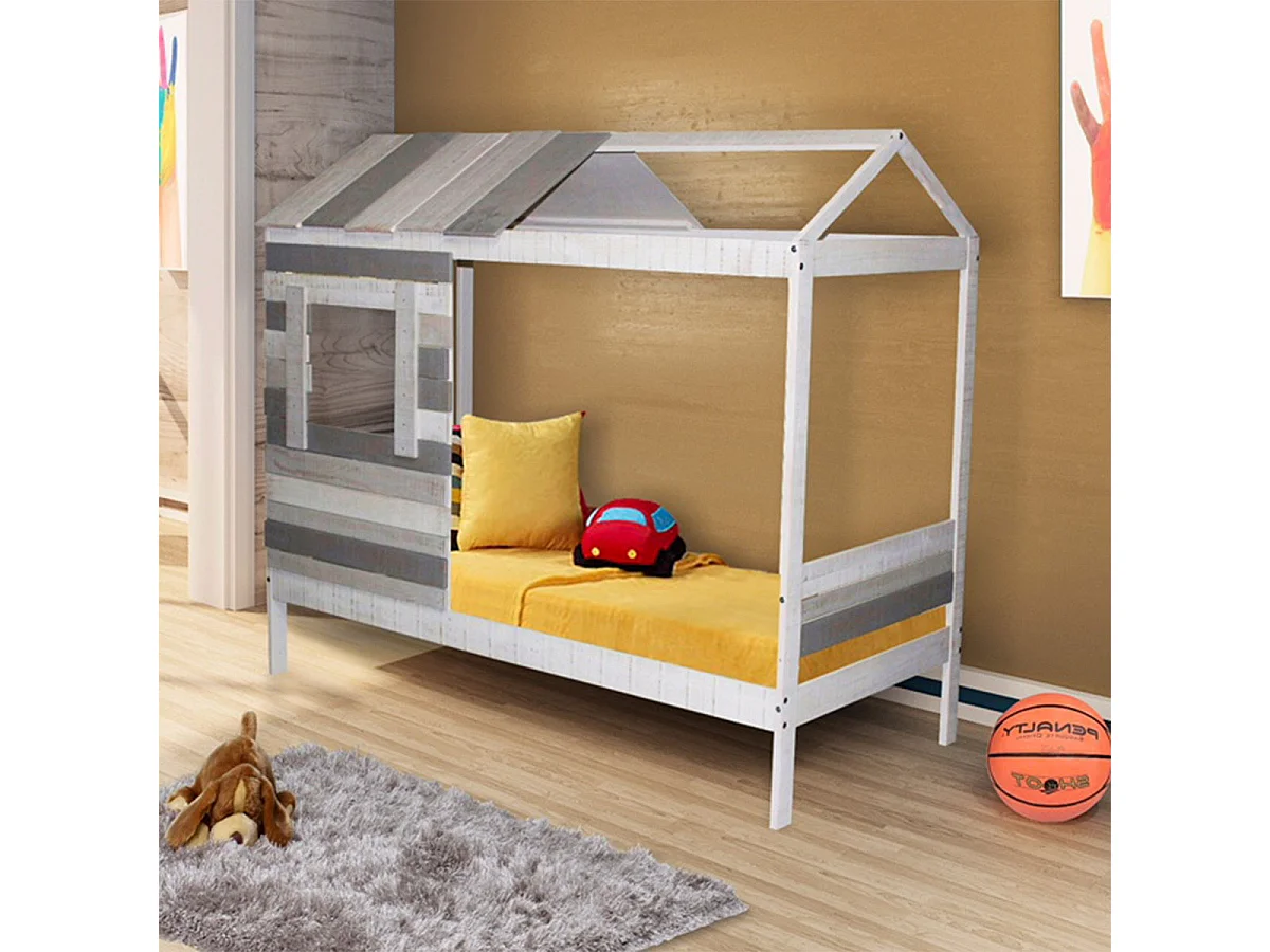 Pack lit cabane avec sommier et matelas 90x190 cm bois massif gris CHARLES