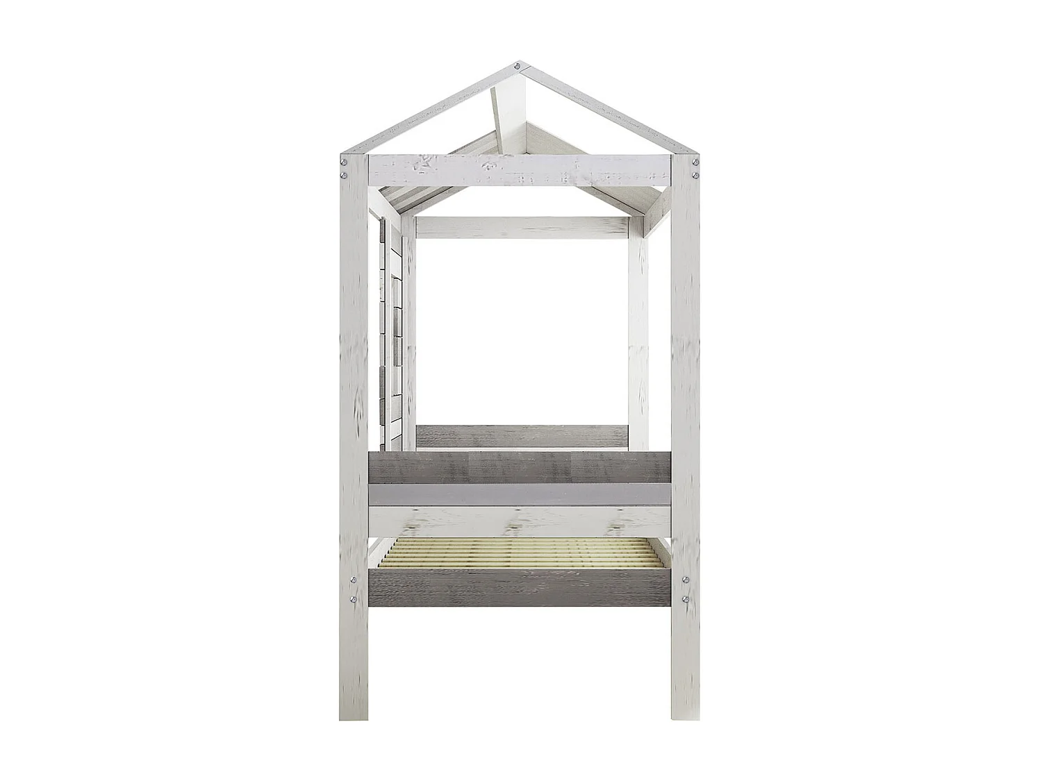 Pack lit cabane avec sommier et matelas 90x190 cm bois massif gris CHARLES