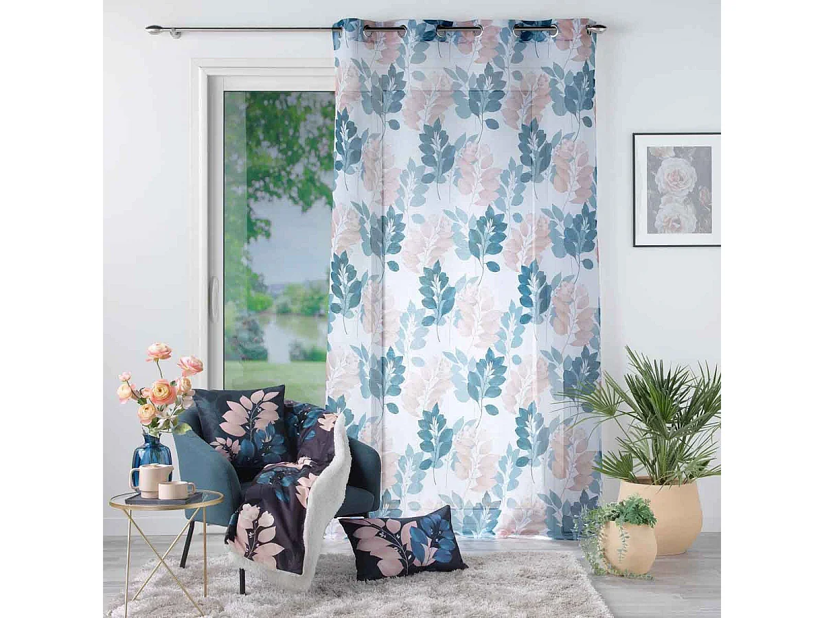 Rideau Voilage à Œillets "Belline" 140x240cm Blanc & Bleu