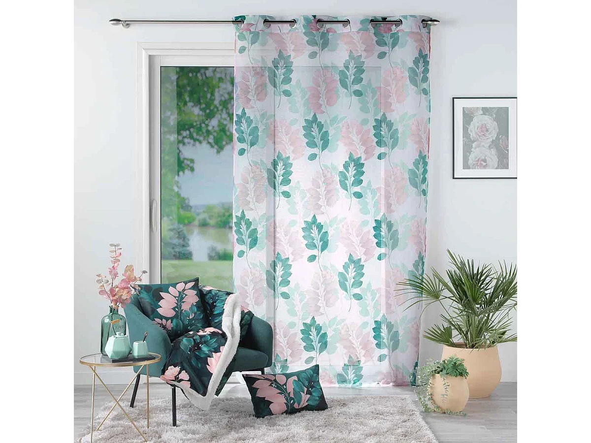 Rideau Voilage à Œillets "Belline" 140x240cm Blanc & Émeraude