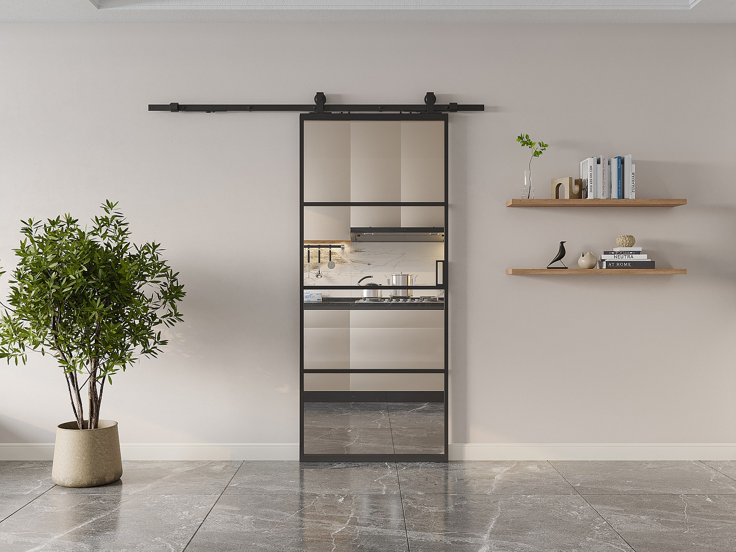 Vente-unique Schiebetür Mit Laufschienensystem - Aluminium & Rauchfarbenes Sicherheitsglas Transparent - 205 Cm X 63 Cm - Sinca Ii