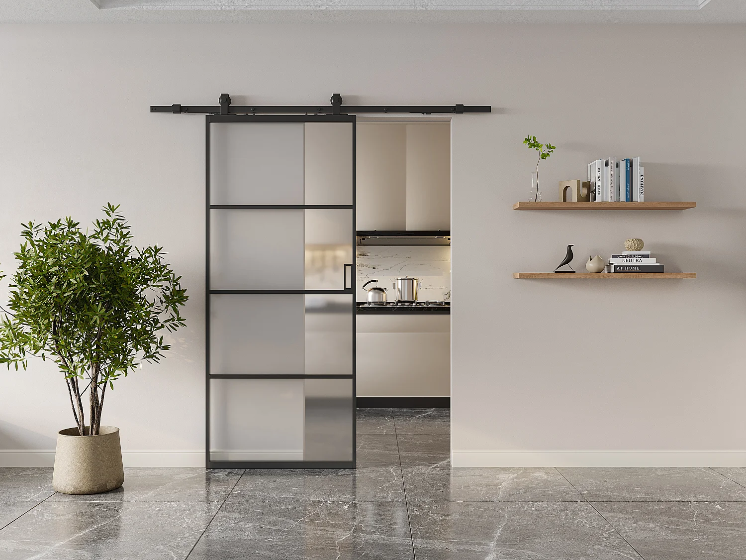 Porta scorrevole con sistema esterno muro alluminio e vetro temperato smerigliato H205 x L63 cm  - SINCA II