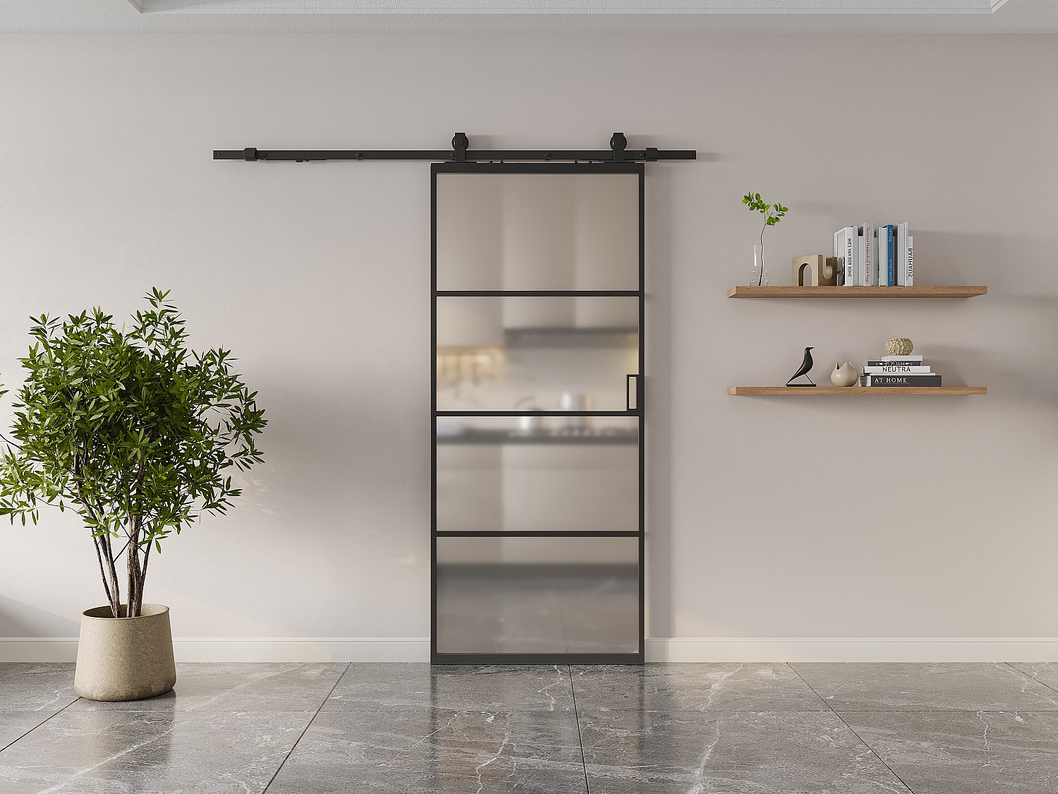 Vente-unique Schiebetür Mit Laufschienensystem - Aluminium & Rauchfarbenes Sicherheitsglas Mattiert - 205 Cm X 63 Cm - Sinca Ii