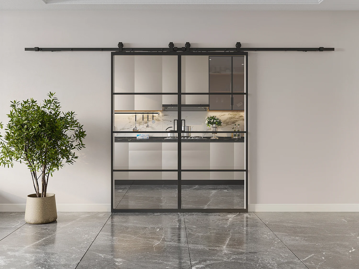 Porte coulissante double avec système en applique - aluminium et verre trempé transparent - 2 x H205 x L63 cm - SINCA II