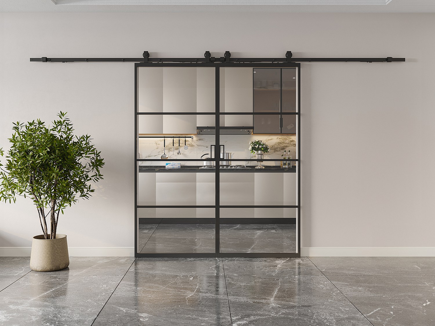 Vente-unique Doppel-Schiebetür Mit Laufschienensystem - Aluminium & Rauchfarbenes Sicherheitsglas Transparent - 2 X 205 Cm X 63 Cm - Sinca Ii