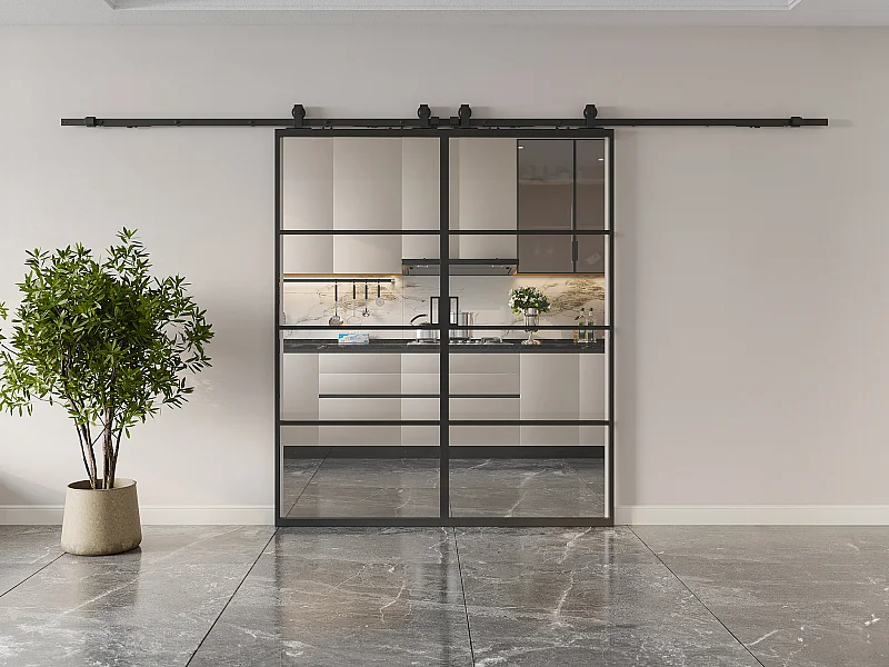 Puerta corredera doble vista - aluminio y cristal templado transparente - 2 x Alt. 205 x L63 cm - SINCA II