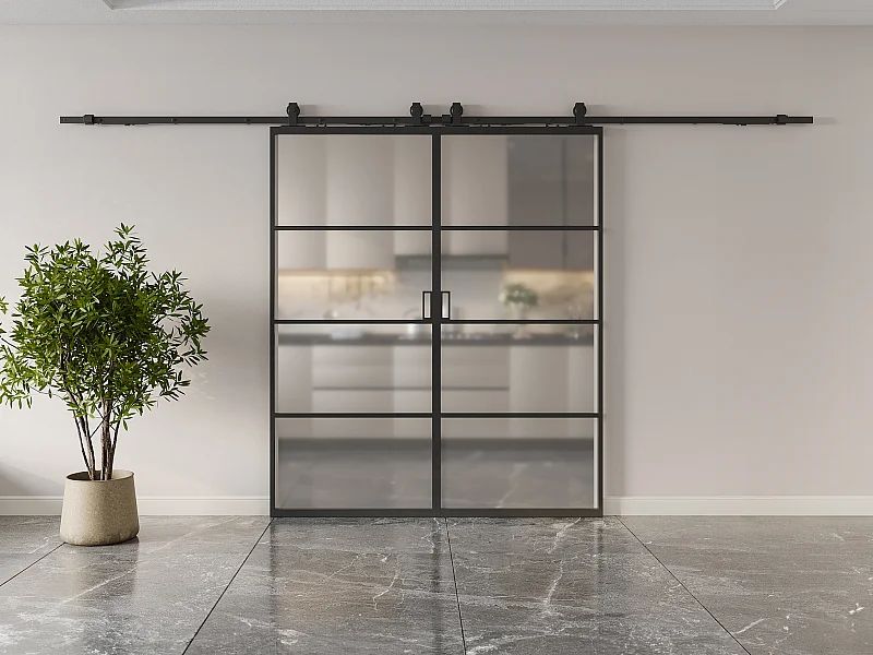 Porta scorrevole doppia con sistema esterno muro alluminio e vetro temp. smerigliato 2xH205xL63cm  - SINCA II