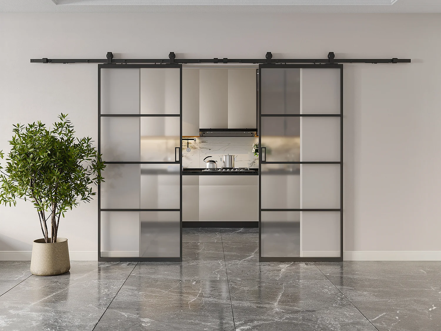 Dubbele schuifdeur met wandbevestiging - aluminium en gehard matglas - 2 x H205 x L63 cm - SINCA II