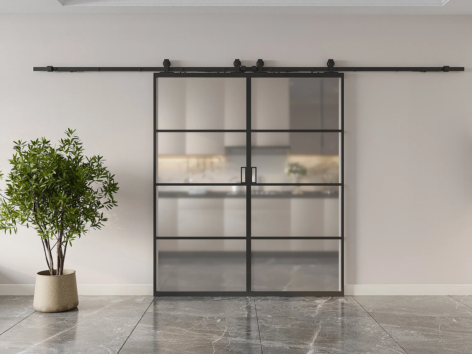 Dubbele schuifdeur met wandbevestiging - aluminium en gehard matglas - 2 x H205 x L63 cm - SINCA II